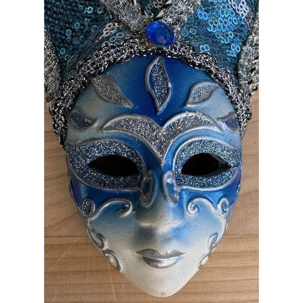 Blue Venetian Jester Wall Mask Carnival Harlequin Sequin Bells 8